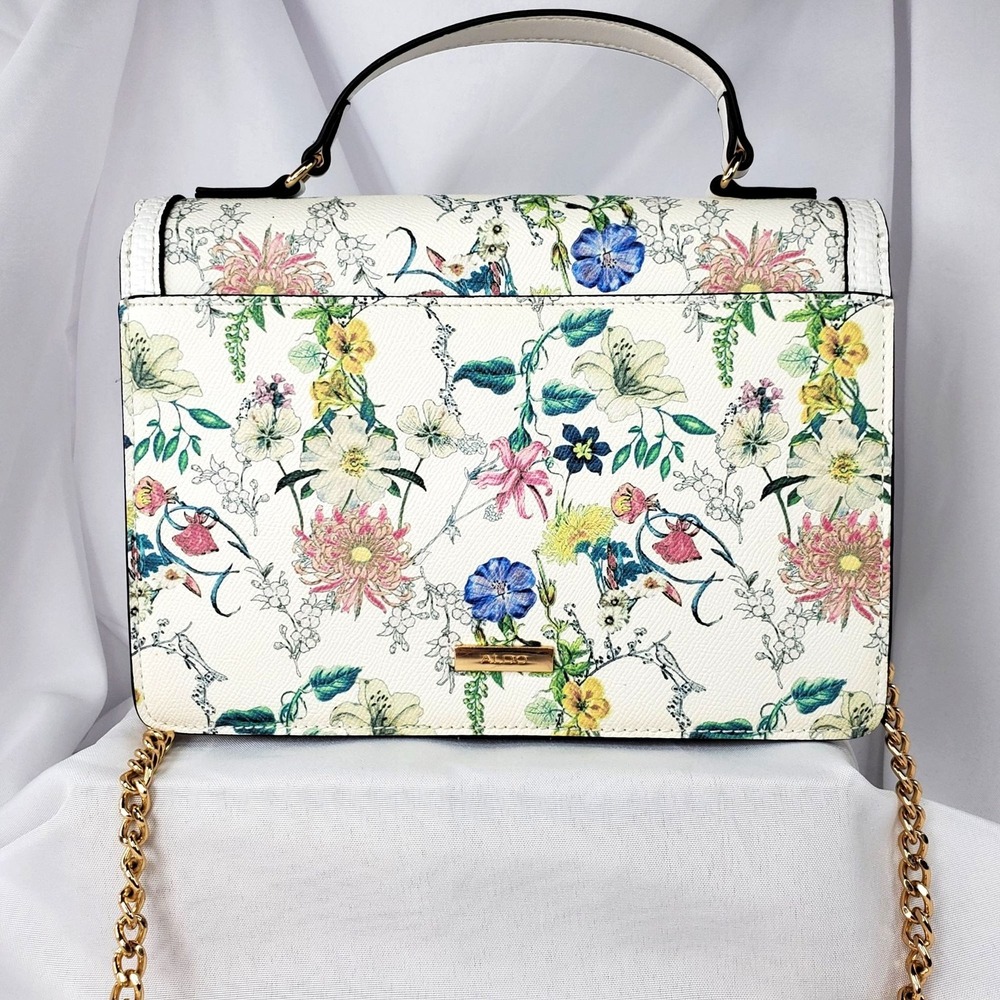 Aldo Floral White Top-Handle Crossbody Bag Gold Chain Strap *READ* - Picture 2 of 12